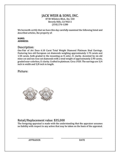 Art Deco 6.10 Carat Total Weight Diamond Platinum Stud Earrings Earrings Jack Weir & Sons   