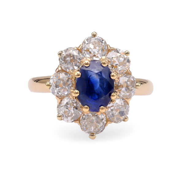 Edwardian GIA 1.41 Carats Kashmir No Heat Sapphire Diamond 18k Gold Cluster Ring Jewelry Jack Weir & Sons   