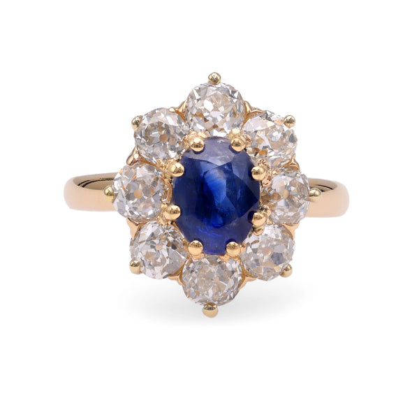 Edwardian GIA 1.41 Carats Kashmir No Heat Sapphire Diamond 18k Gold Cluster Ring Rings Jack Weir & Sons   