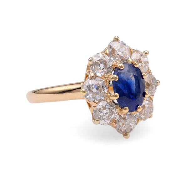 Edwardian GIA 1.41 Carats Kashmir No Heat Sapphire Diamond 18k Gold Cluster Ring Rings Jack Weir & Sons   