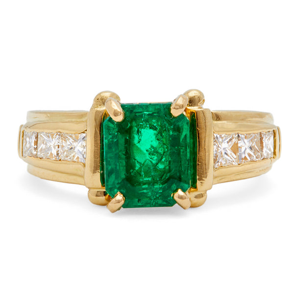 Vintage GIA Colombian Emerald and Diamond 18k Yellow Gold Ring