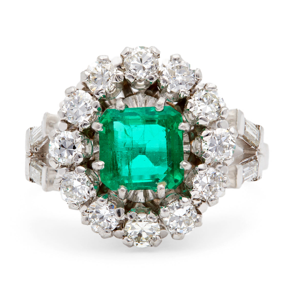 Mid Century French GIA Colombian Emerald and Diamond 18k White Gold Cluster Ring Rings Jack Weir & Sons   