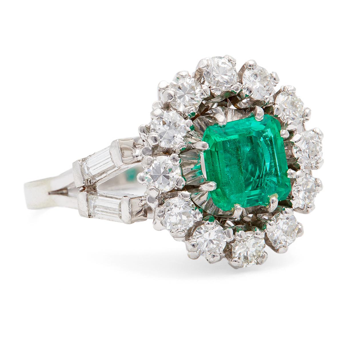 Mid Century French GIA Colombian Emerald and Diamond 18k White Gold Cluster Ring Rings Jack Weir & Sons