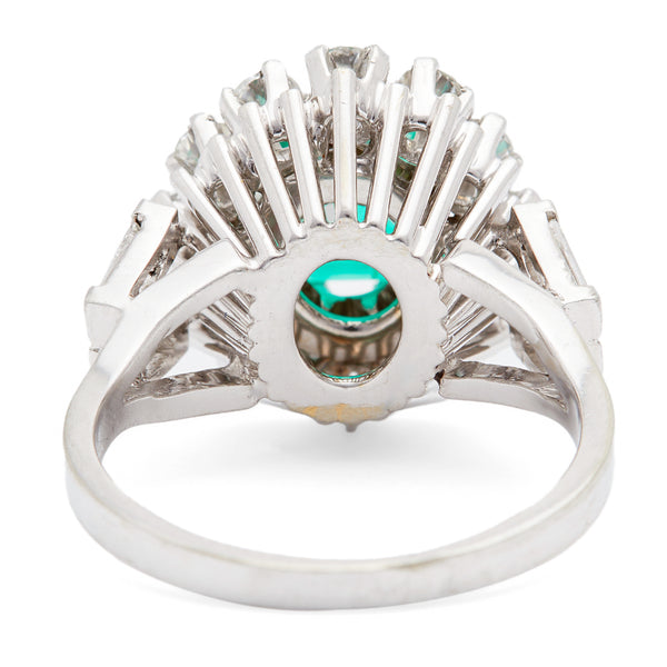 Mid Century French GIA Colombian Emerald and Diamond 18k White Gold Cluster Ring