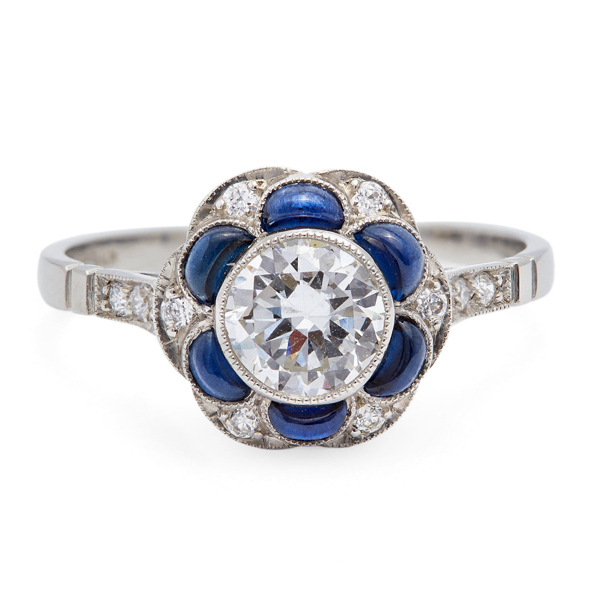 Art Deco Inspired 0.73 Carat Old European Cut Diamond Sapphire Platinum Flower Ring