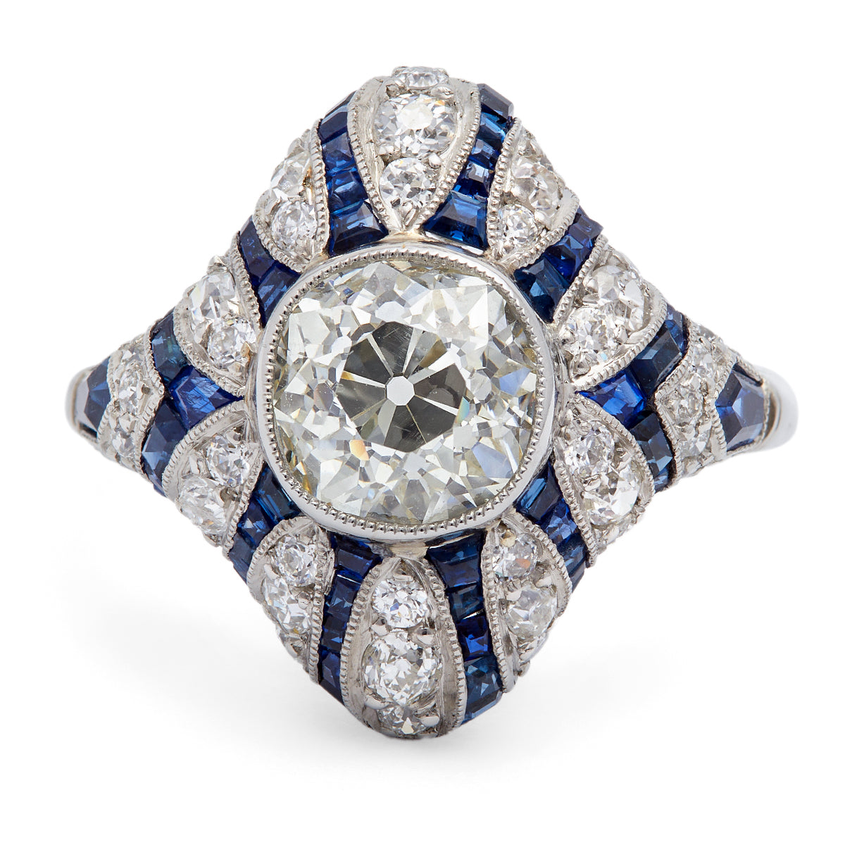 Art Deco Inspired 1.86 Diamond and Sapphire Platinum Ring