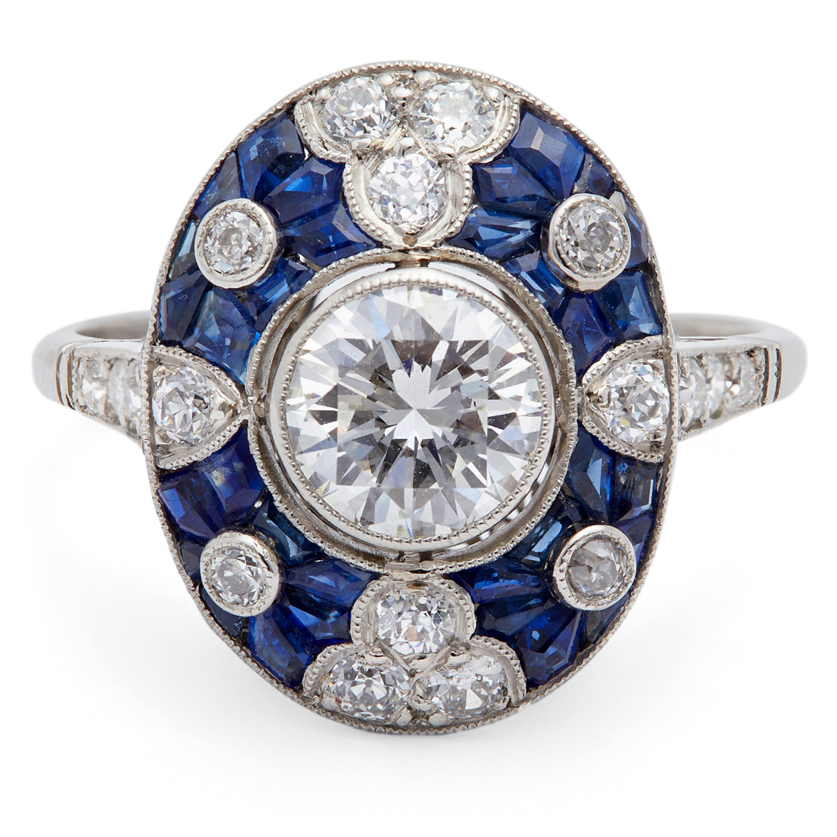 Art Deco Inspired 0.81 Carat Round Brilliant Diamond and Sapphire Platinum Ring Rings Jack Weir & Sons   