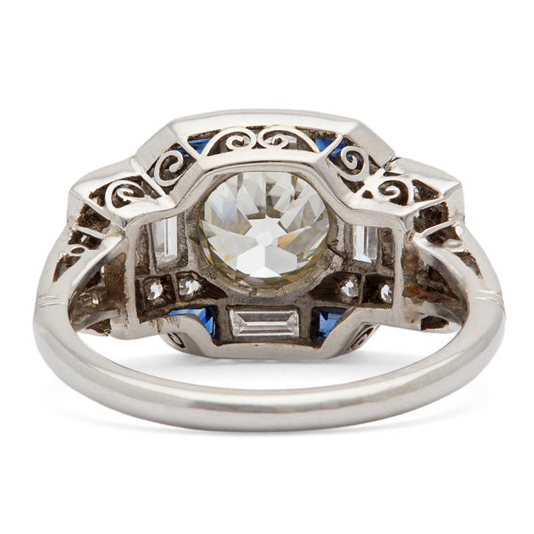 Art Deco Inspired 1.49 Carat Diamond and Sapphire Platinum Ring