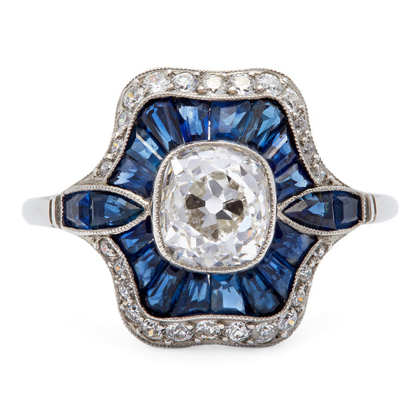 Art Deco Inspired Old Mine Cut Diamond and Sapphire Platinum Ring