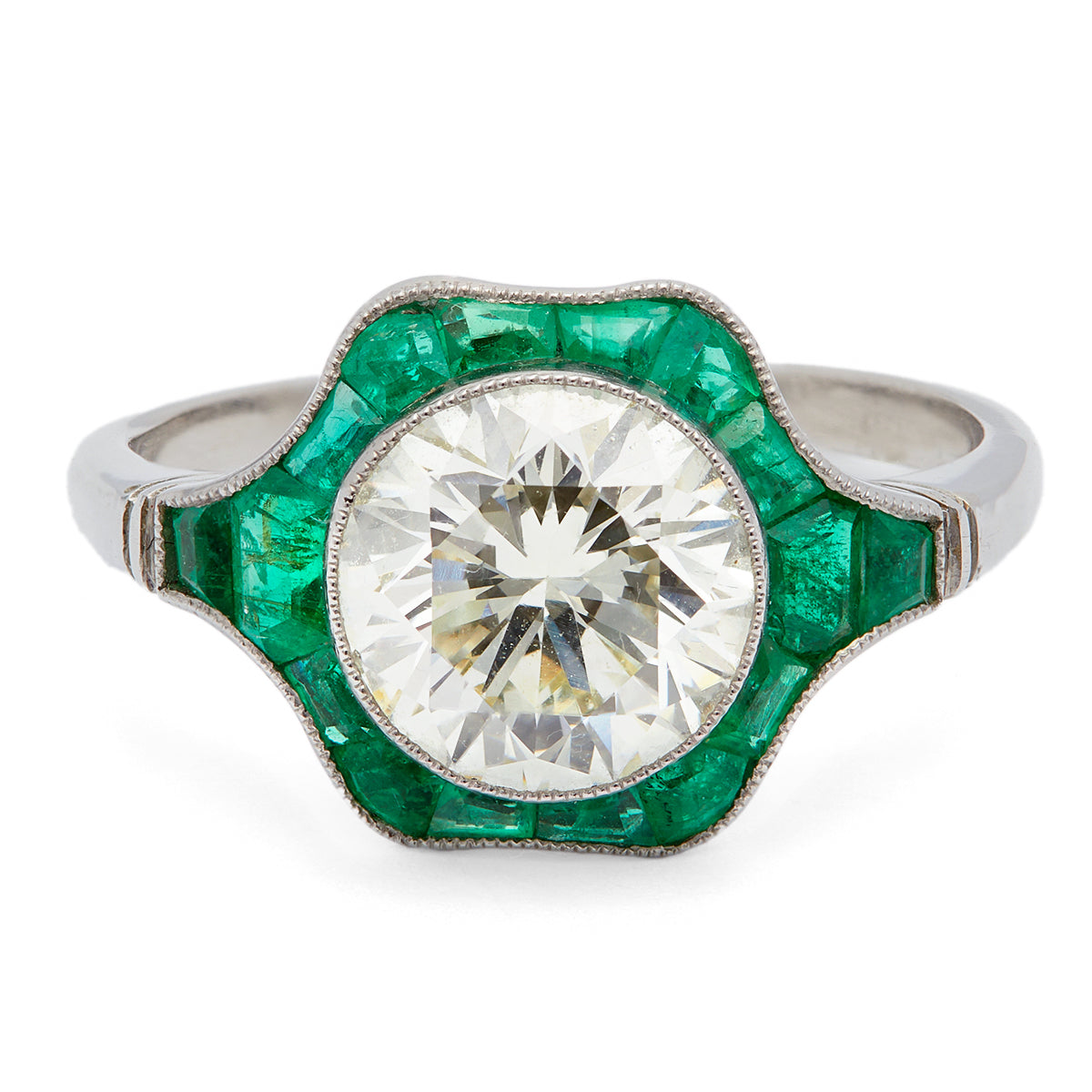 Art Deco Inspired 2.09 Carat Round Brilliant Cut Diamond and Emerald Platinum Ring Rings Jack Weir & Sons   