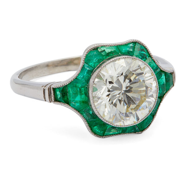 Art Deco Inspired 2.09 Carat Round Brilliant Cut Diamond and Emerald Platinum Ring