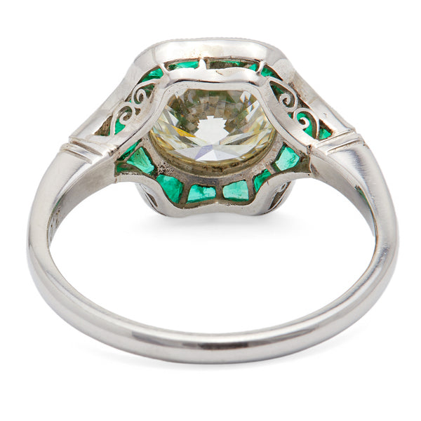 Art Deco Inspired 2.09 Carat Round Brilliant Cut Diamond and Emerald Platinum Ring Rings Jack Weir & Sons   