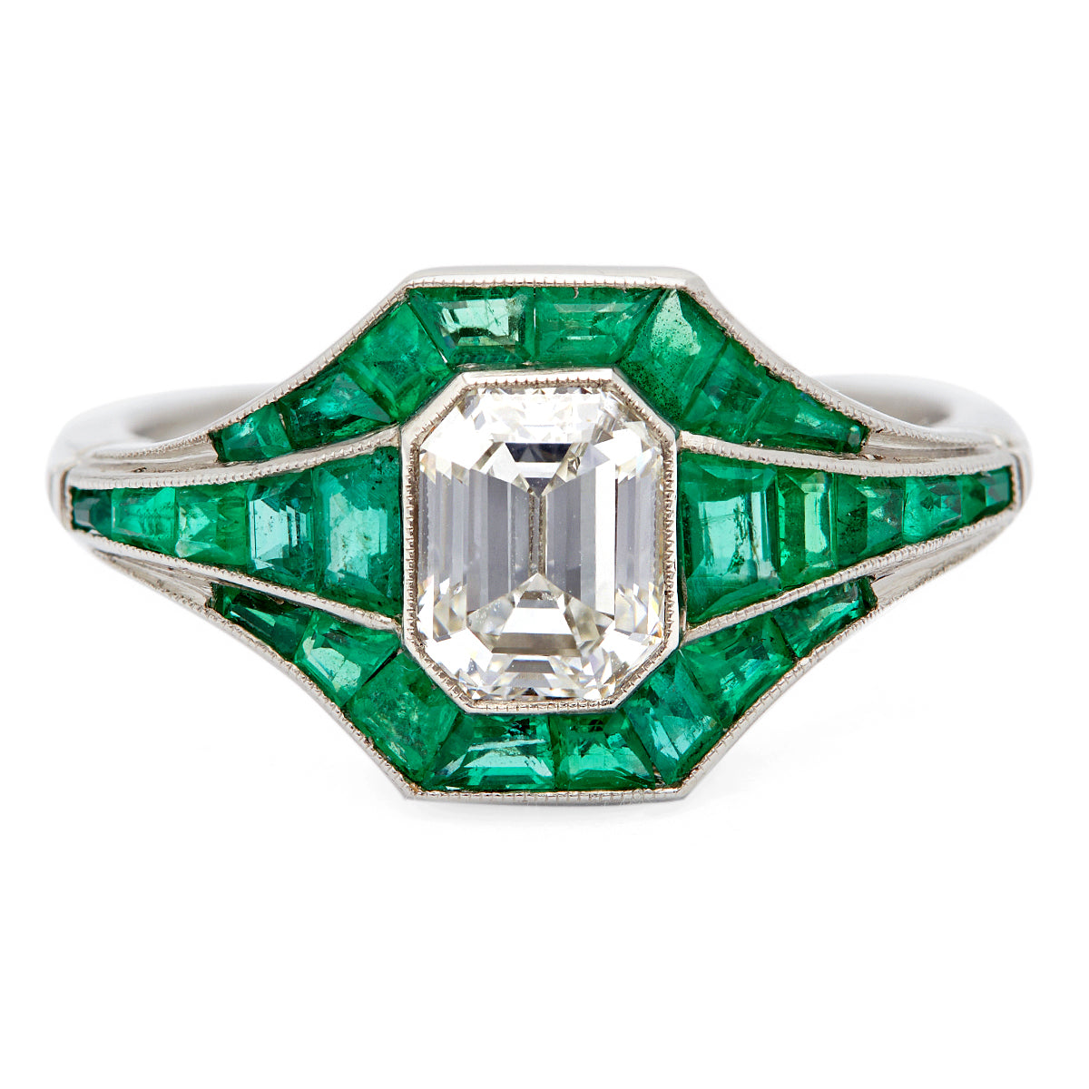 Art Deco Inspired 1.04 Carat Emerald Cut Diamond and Emerald Platinum Ring Rings Jack Weir & Sons   