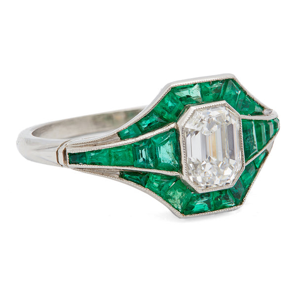 Art Deco Inspired 1.04 Carat Emerald Cut Diamond and Emerald Platinum Ring