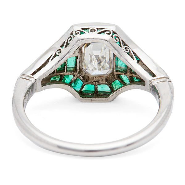 Art Deco Inspired 1.04 Carat Emerald Cut Diamond and Emerald Platinum Ring