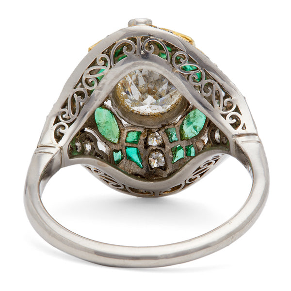 Art Deco Inspired 1.08 Carat Diamond and Emerald Platinum Filigree Ring