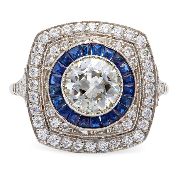 Art Deco Inspired Old European Cut Diamond and Sapphire Platinum Ring Rings Jack Weir & Sons   