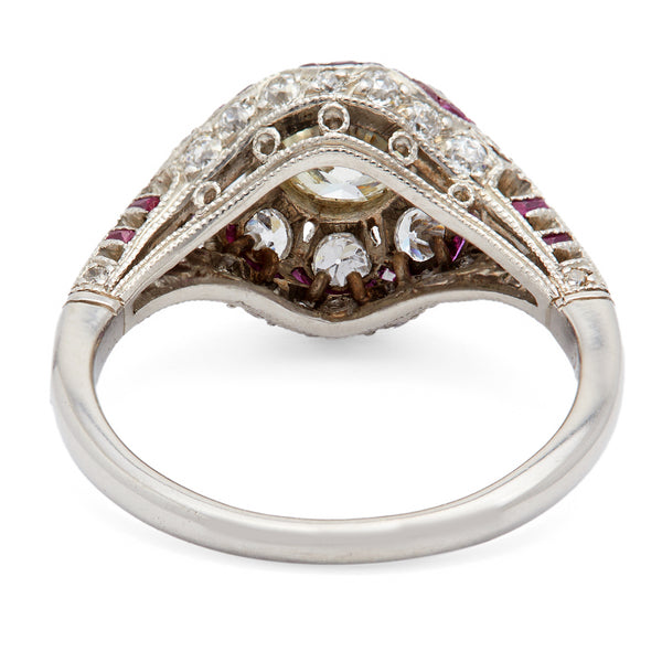 Art Deco Inspired 0.53 Diamond and Ruby Platinum Filigree Ring