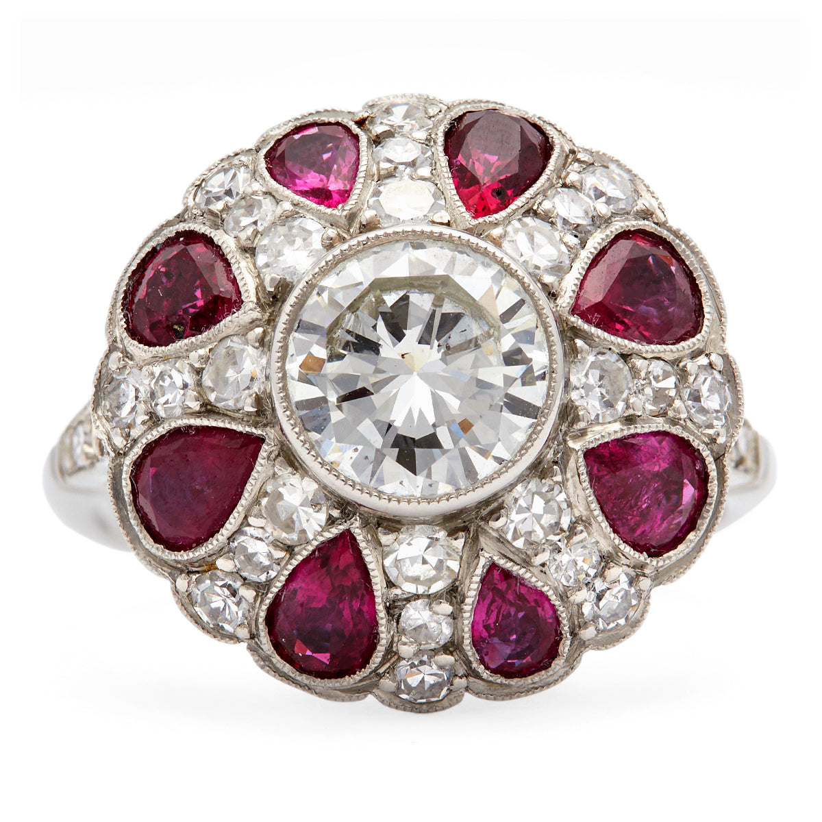 Art Deco Inspired 1.19 Carat Diamond and Ruby Platinum Filigree Ring Rings Jack Weir & Sons   