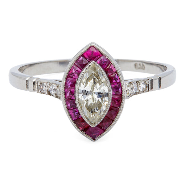 Bague en platine et rubis avec diamant taille marquise d'inspiration Art déco de 0,33 carat