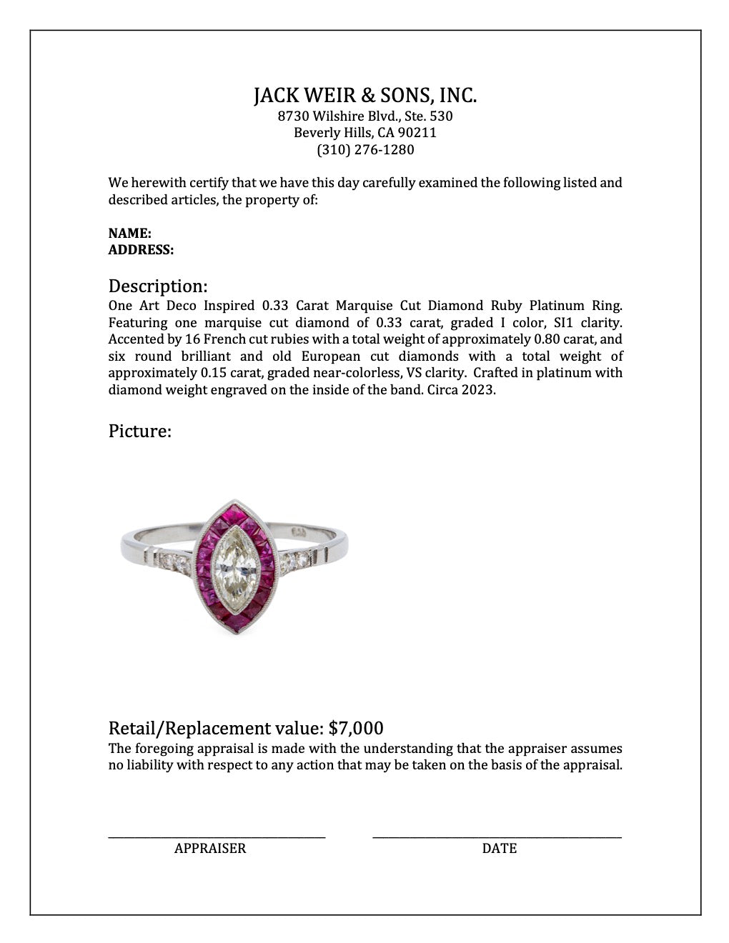 Art Deco Inspired 0.33 Carat Marquise Cut Diamond Ruby Platinum Ring Rings Jack Weir & Sons   