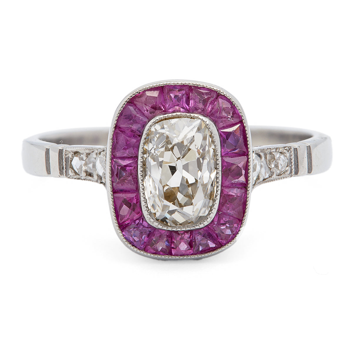 Art Deco Inspired 0.84 Carat Old Mine Cut and Ruby Platinum Ring Rings Jack Weir & Sons   