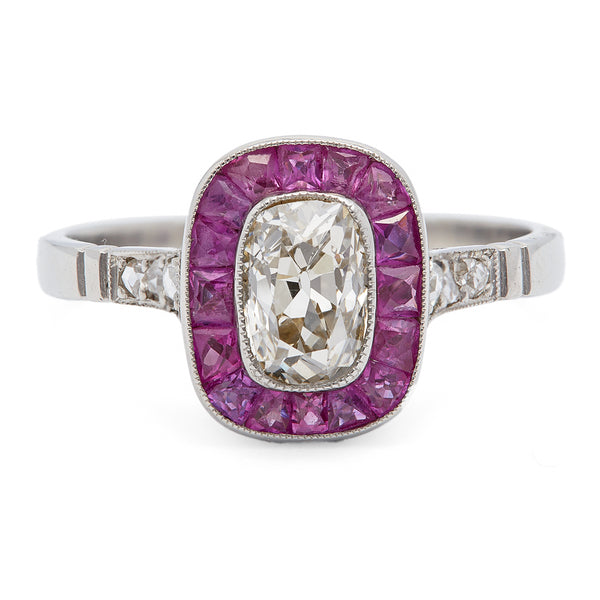 Art Deco Inspired 0.84 Carat Old Mine Cut and Ruby Platinum Ring