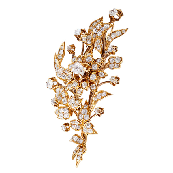 Broche bouquet en or jaune 14 carats avec diamants taille ancienne victorienne