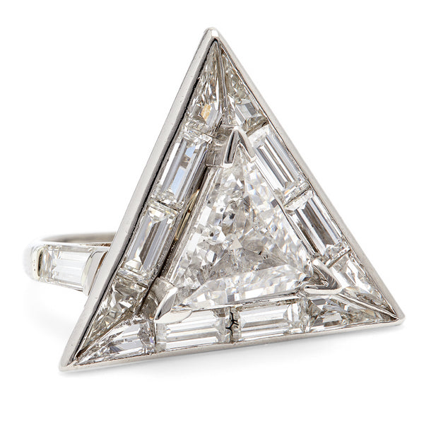 Mid Century GIA 2.45 Carats Diamond Platinum Triangle Cocktail Ring