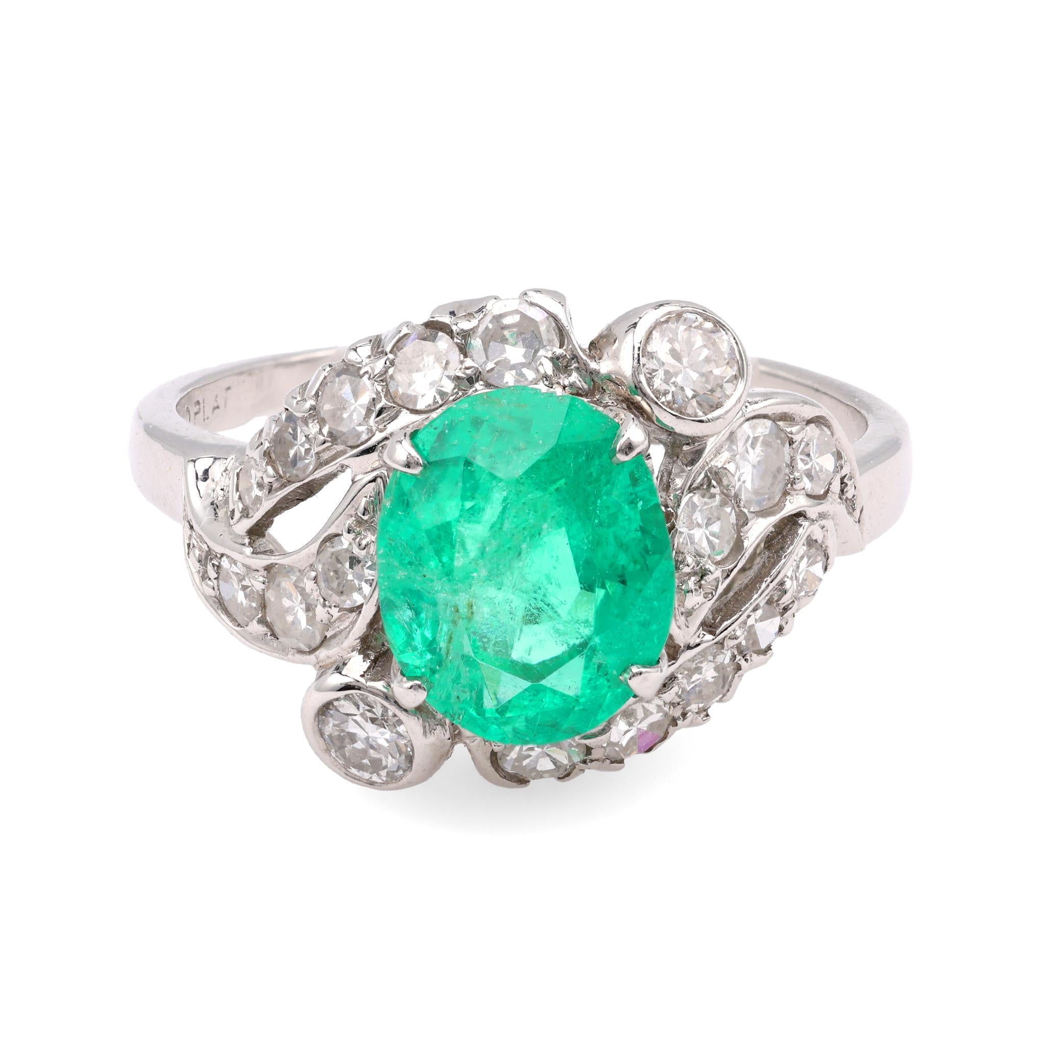 Mid-Century GIA Emerald Diamond Platinum Ring  Jack Weir & Sons   