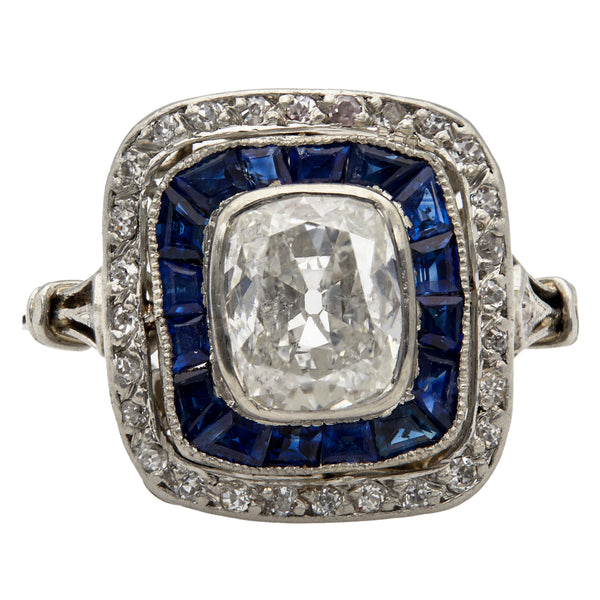 Art Deco French GIA 1.55 Cushion Cut Diamond and Sapphire Platinum 18k Ring Rings Jack Weir & Sons   