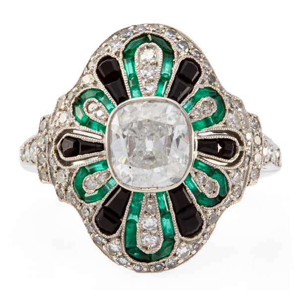 Art Deco GIA 1.11 Carat Old Mine Cut Diamond, Onyx, and Emerald Platinum Dinner Ring