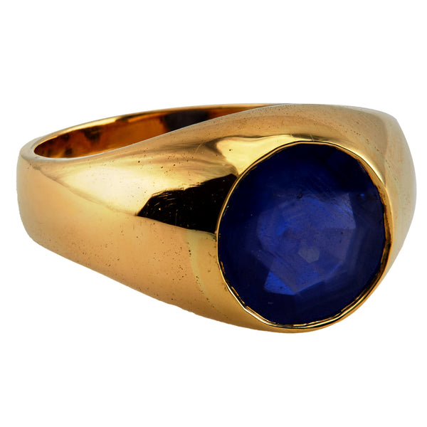 Antique GIA 4.93 Carat Burma No Heat Sapphire 18k Yellow Gold Bezel Set Solitaire Ring
