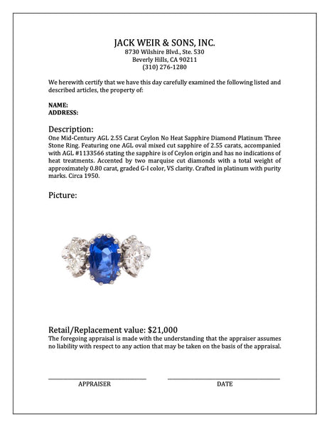 Mid-Century AGL 2.55 Carat Ceylon No Heat Sapphire Diamond Platinum Three Stone Ring Rings Jack Weir & Sons   
