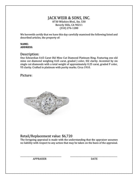 Edwardian 0.65 Carat Old Mine Cut Diamond Platinum Ring Rings Jack Weir & Sons   