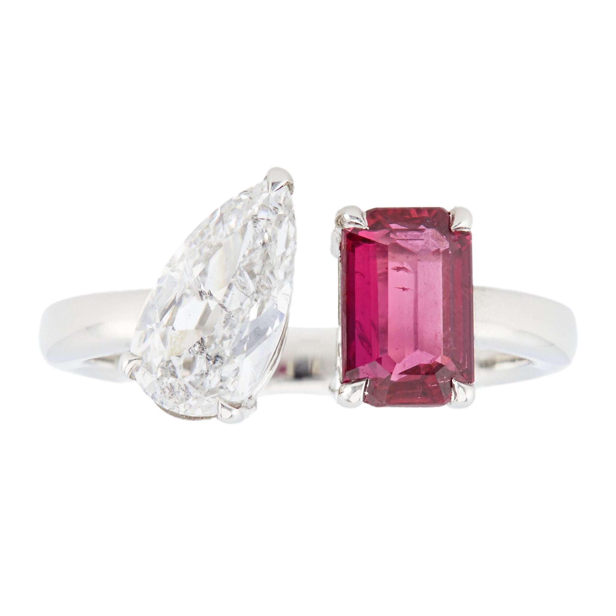 GIA 1.15 Carat Pear Cut Diamond and Ruby Platinum Toi et Moi Ring Rings Jack Weir & Sons   