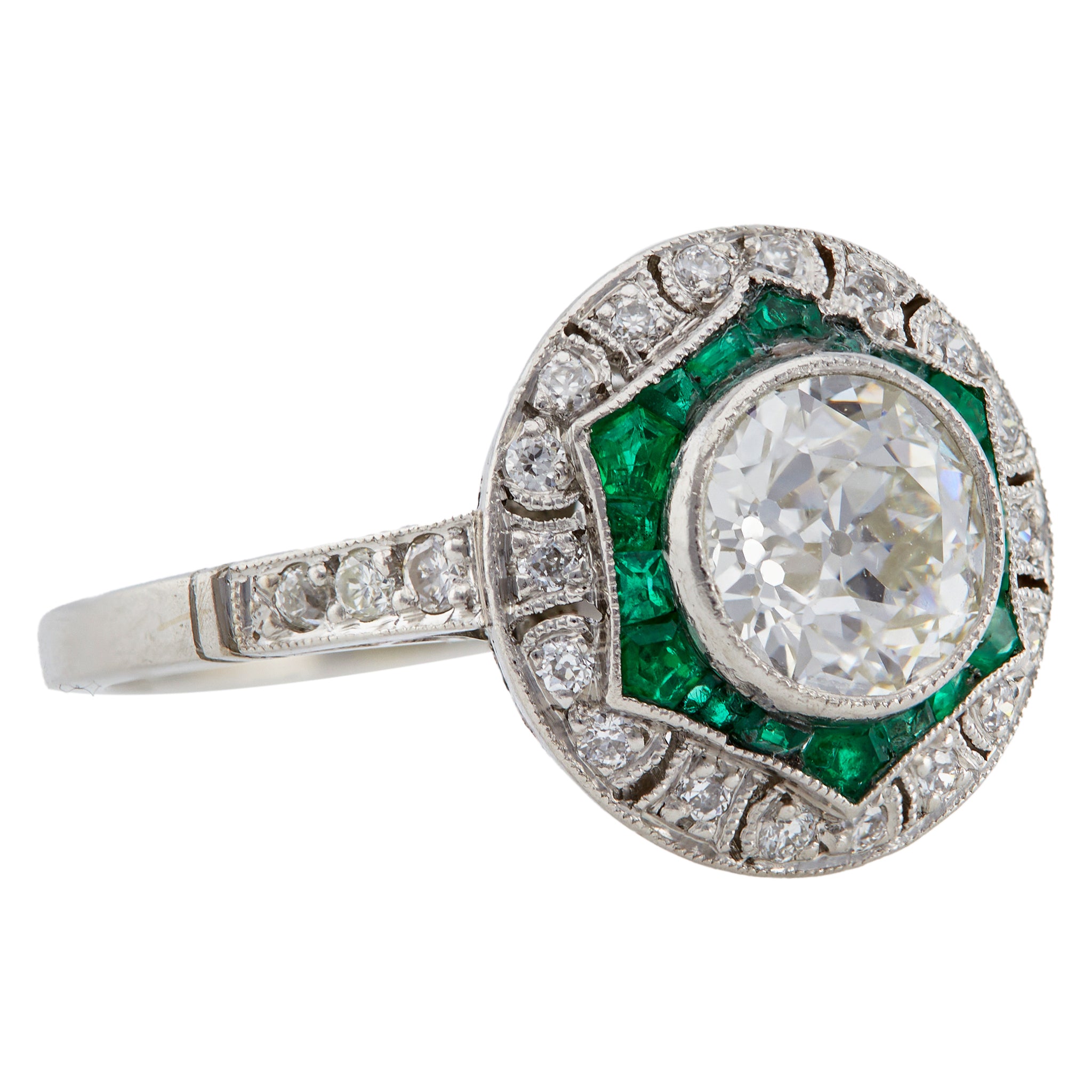Art Deco Inspired 1.13 Carat Old European Cut Diamond and Emerald Platinum Ring Rings Jack Weir & Sons   