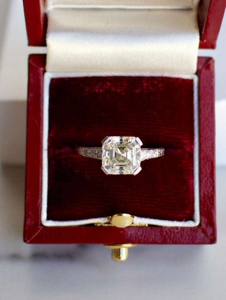 Art Deco GIA 2.01 Carat Asscher Cut Diamond 18k White Gold Ring Rings Jack Weir & Sons   