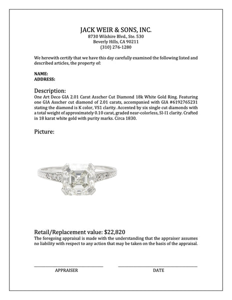 Art Deco GIA 2.01 Carat Asscher Cut Diamond 18k White Gold Ring Rings Jack Weir & Sons   