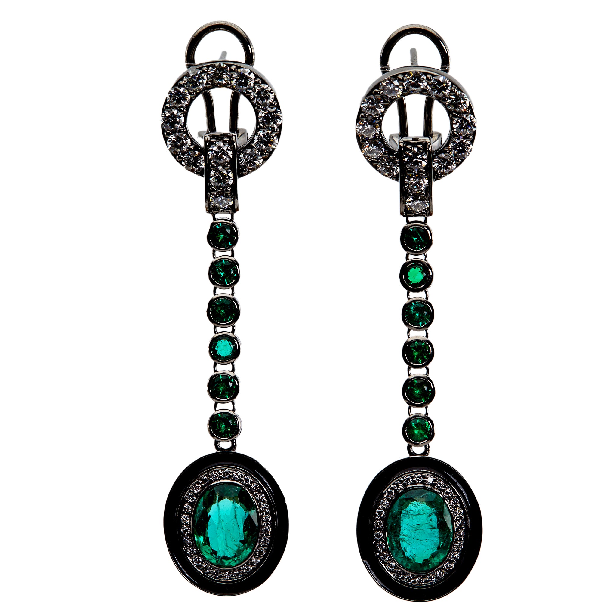 Emerald and Diamond 18k Blackened White Gold Drop Earrings Earrings Jack Weir & Sons   