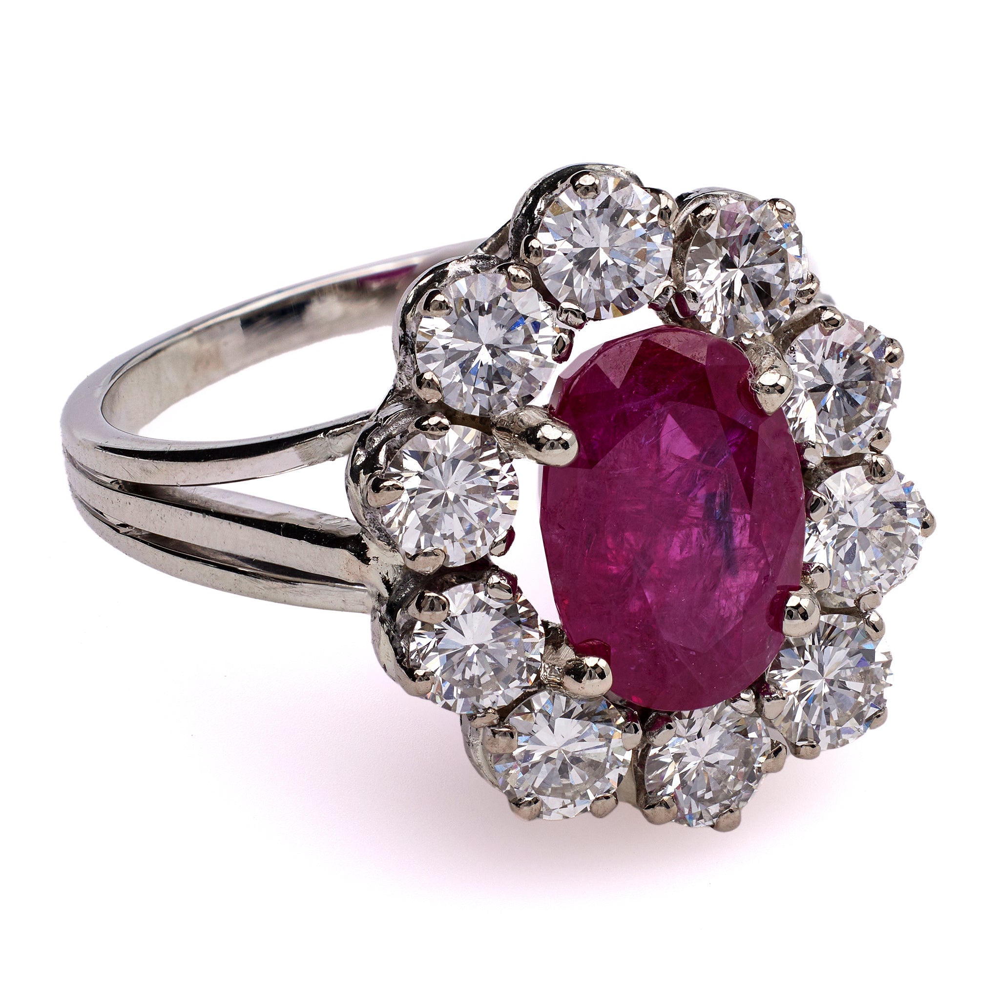 Mid Century French Burma No Heat 2.28 Carat Ruby and Diamond 18k White Gold Cluster Ring Rings Jack Weir & Sons   