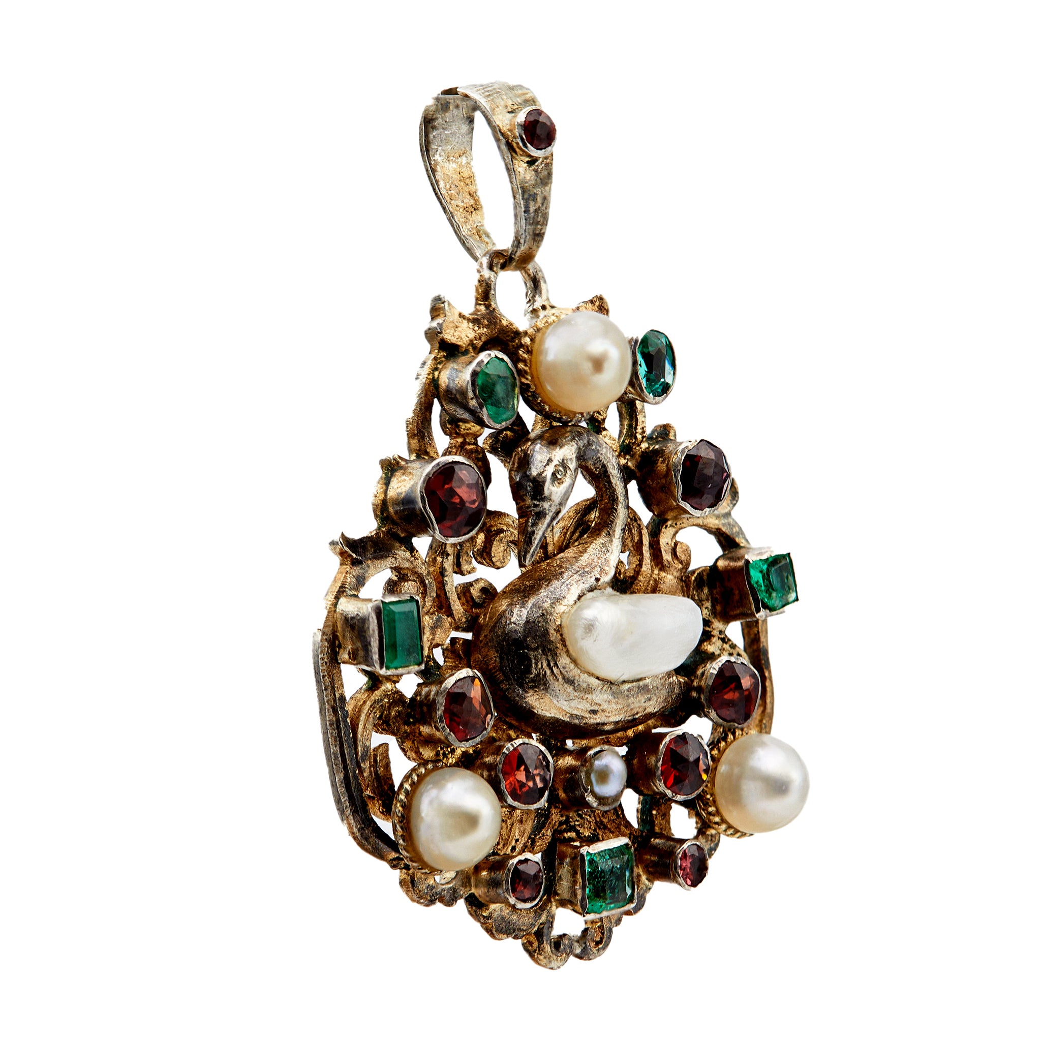 Austro-Hungarian Renaissance Revival Pearl and Gemstone Swan Silver Pendant Pendants Jack Weir & Sons   
