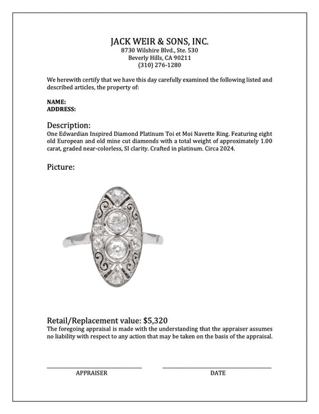 Edwardian Inspired Diamond Platinum Toi et Moi Navette Ring Rings Jack Weir & Sons   