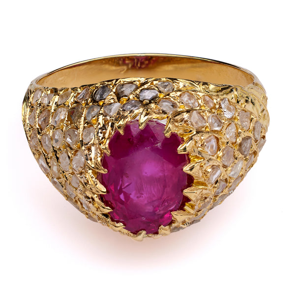 Mid Century 3.68 Burma No Heat Ruby Diamond 18k Yellow Gold Dome Ring Rings Jack Weir & Sons   