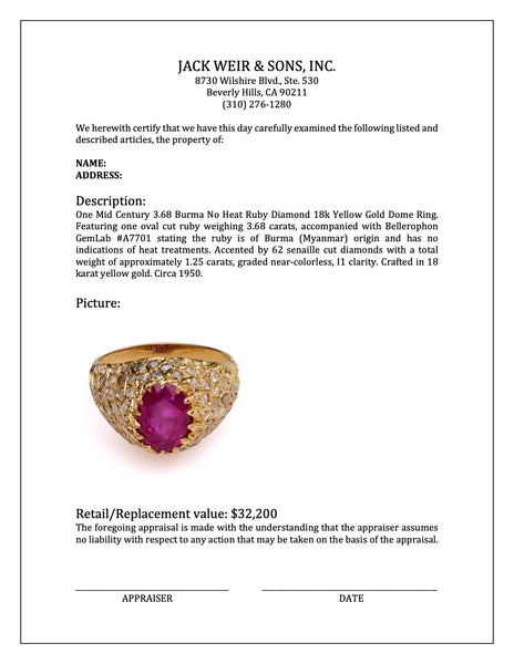 Mid Century 3.68 Burma No Heat Ruby Diamond 18k Yellow Gold Dome Ring Rings Jack Weir & Sons   