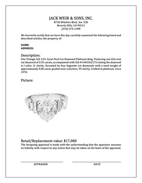 Vintage GIA 2.01 Carat Oval Cut Diamond Platinum Ring Rings Jack Weir & Sons   