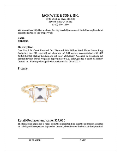 GIA 2.04 Carat Emerald Cut Diamond 18k Yellow Gold Three Stone Ring Rings Jack Weir & Sons   