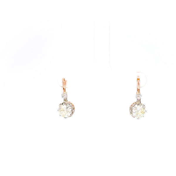 Pair of Belle Époque French GIA 2.32 Carat Total Weight Old European Cut Diamond 18k Rose Gold Platinum Drop Earrings
