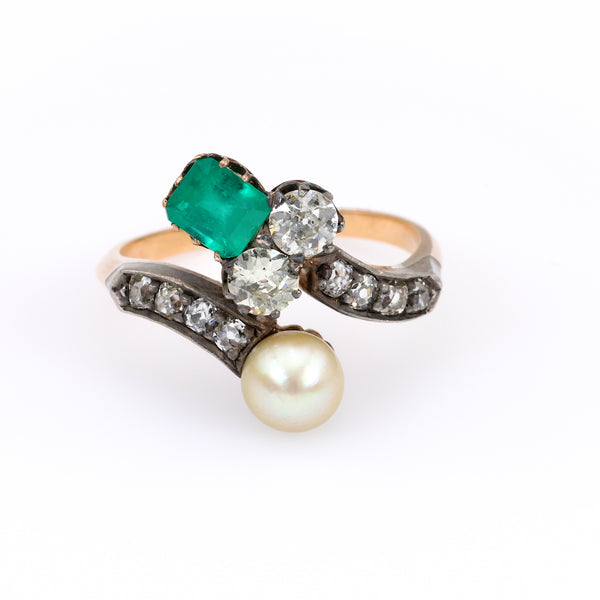 Belle Époque French Emerald Pearl and Diamond 18k Rose Gold Silver Toi et Moi Ring
