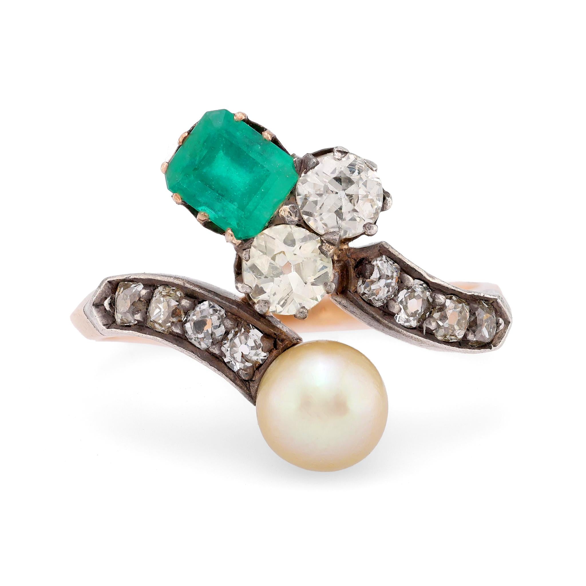 Belle Époque emerald pearl diamond 18k rose gold silver Toi Et Moi ring  Jack Weir & Sons   